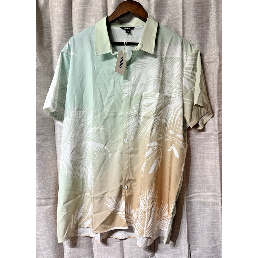NWT Ouku Shirt Mens XXL Green Tan Swirl Button Up Short Sleeve California NEW